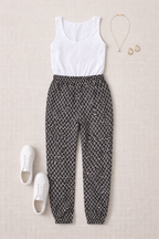 Banana Republic Ikat Print Pants | Size S/M at Blue Sparrow Shop on flatlay  with shoes and tank top