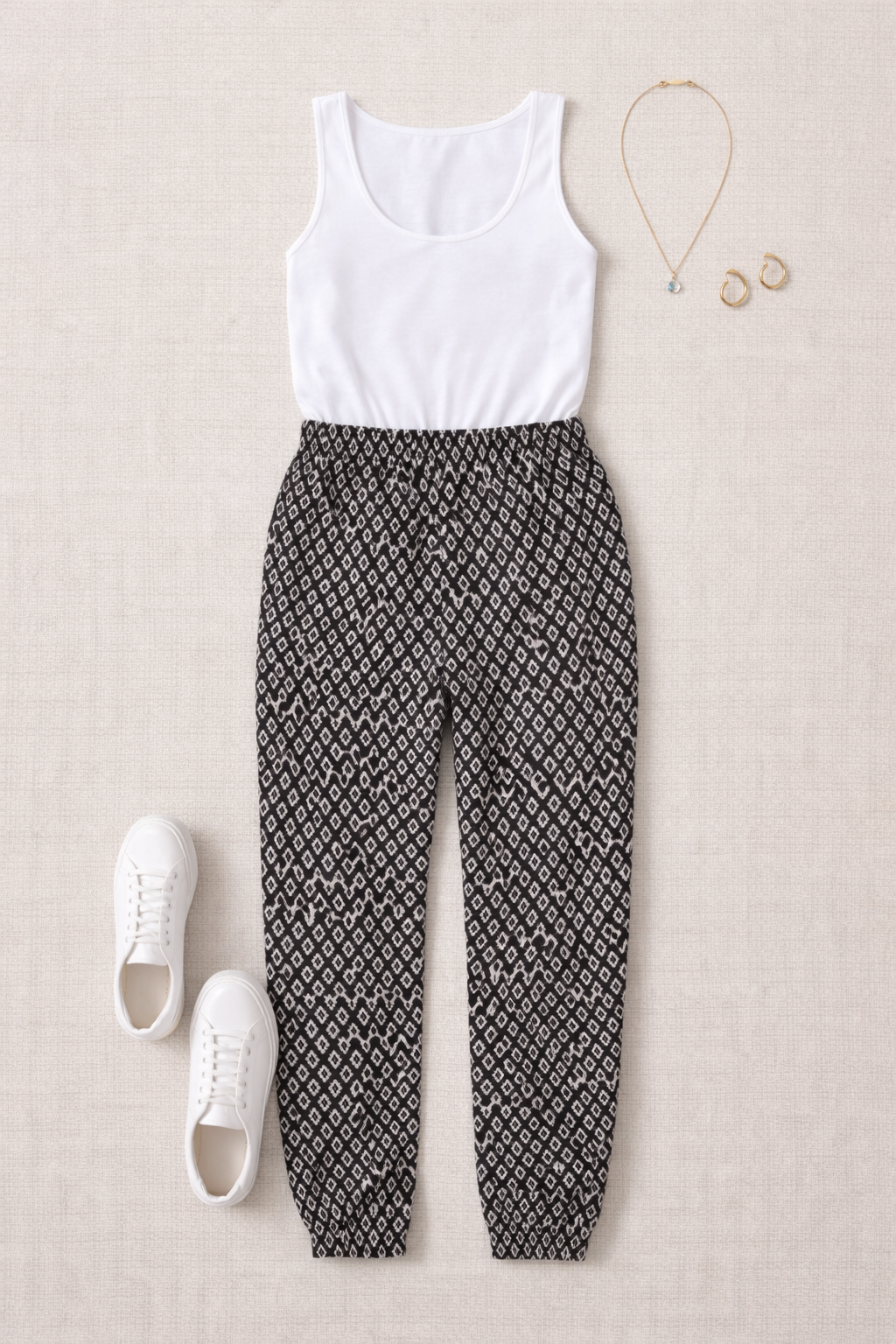 Banana Republic Ikat Print Pants | Size S/M at Blue Sparrow Shop on flatlay  with shoes and tank top