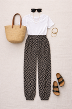 Banana Republic Ikat Print Pants | Size S/M at Blue Sparrow Shop on flatlay  with tshirt,sandals, bag 