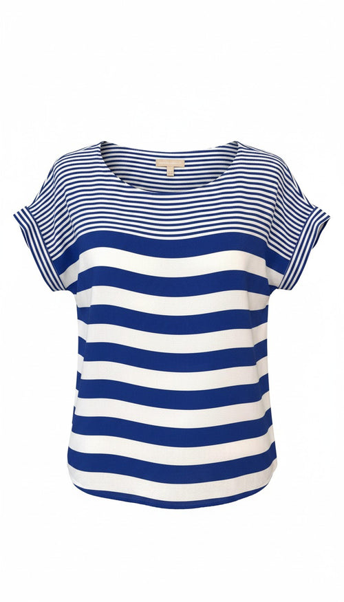 Banana Republic Mixed Stripe Scoop Neck Tee — Royal Blue and White | Size M at Blue Sparrow Shop