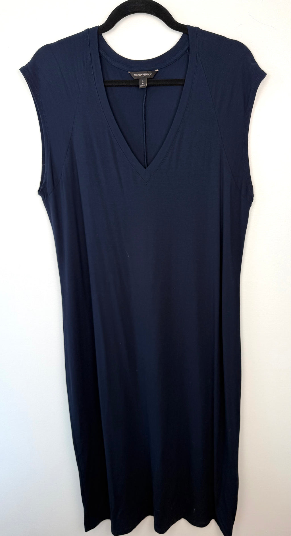front of Banana Republic Navy Sleeveless Midi Dress | T-Shirt Dress | Size L at Blue Sparrow Shop on hanger