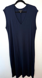 front of Banana Republic Navy Sleeveless Midi Dress | T-Shirt Dress | Size L at Blue Sparrow Shop on hanger