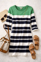 Banana_Republic_Striped_Nautical_Dress_Size_M_at_Blue_Sparrow_Shop flatlay with sandals and a purse