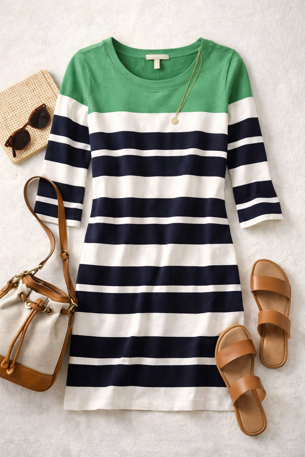 Banana_Republic_Striped_Nautical_Dress_Size_M_at_Blue_Sparrow_Shop flatlay with sandals and a purse