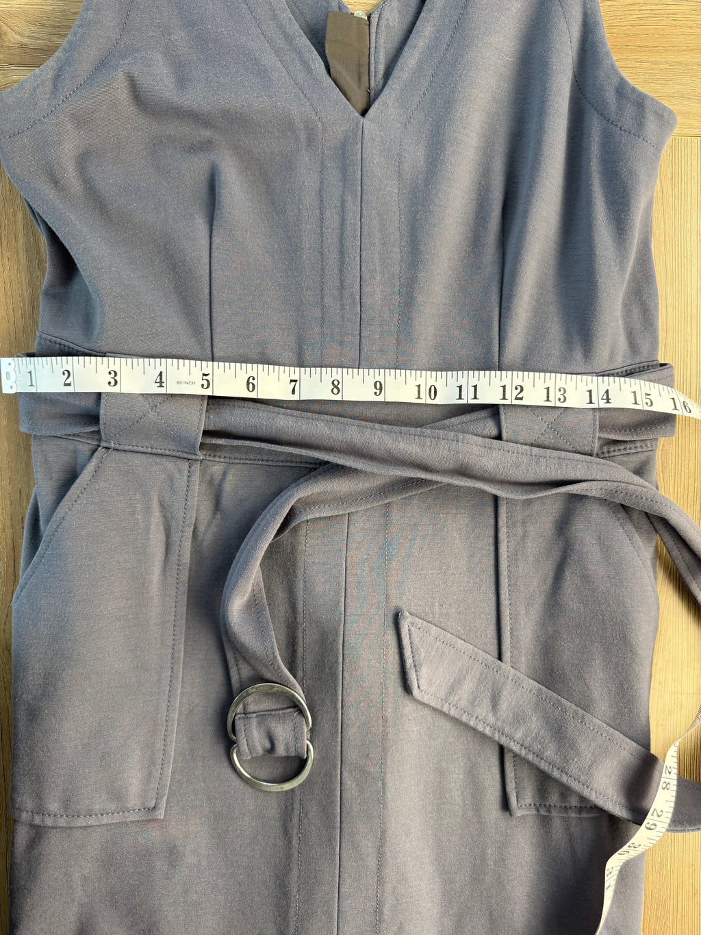 Banana Republic every day dress in slate blue showing measurement of 31" waist