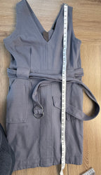 Banana Republic every day dress in slate blue showing measurement of 35"shoulder to hem