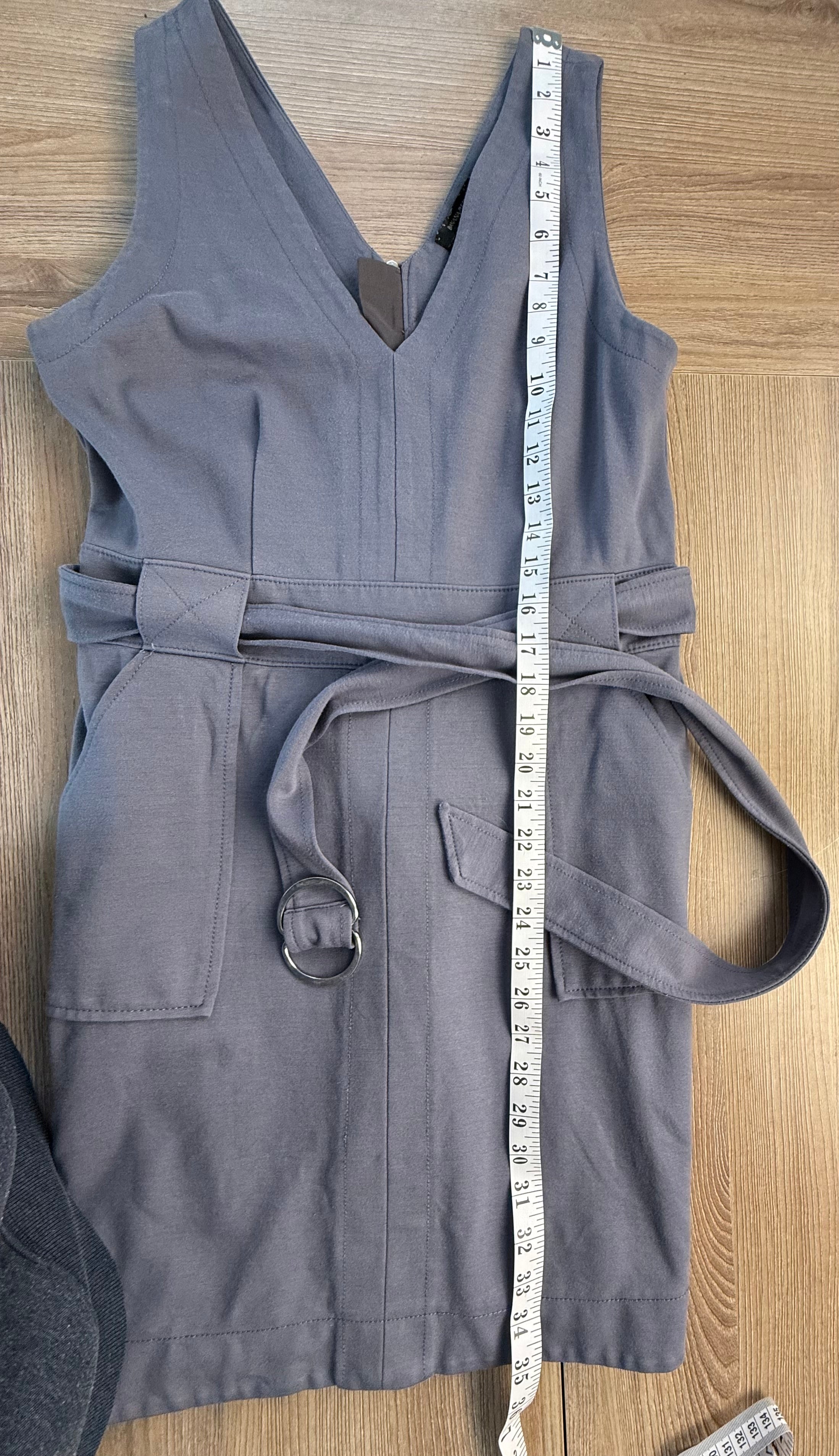 Banana Republic every day dress in slate blue showing measurement of 35"shoulder to hem
