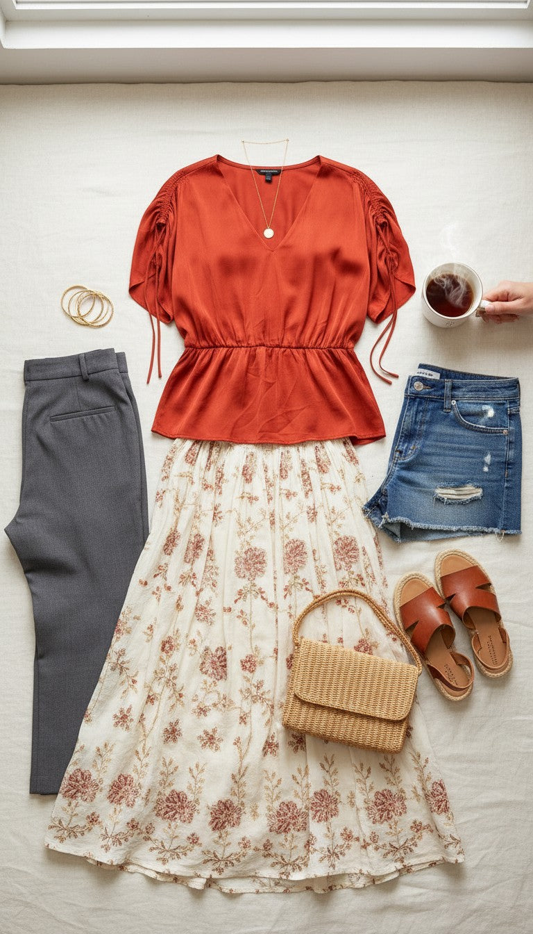 Banana Republic V-Neck Blouse | Size XL at Blue Sparrow shop shown with 3 different bottoms -denim shorts - boho skirt - dress pants