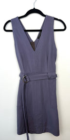 Banana Republic slate blue sleeveless belted dress size 8 front view with V neckline and metal ring belt detail