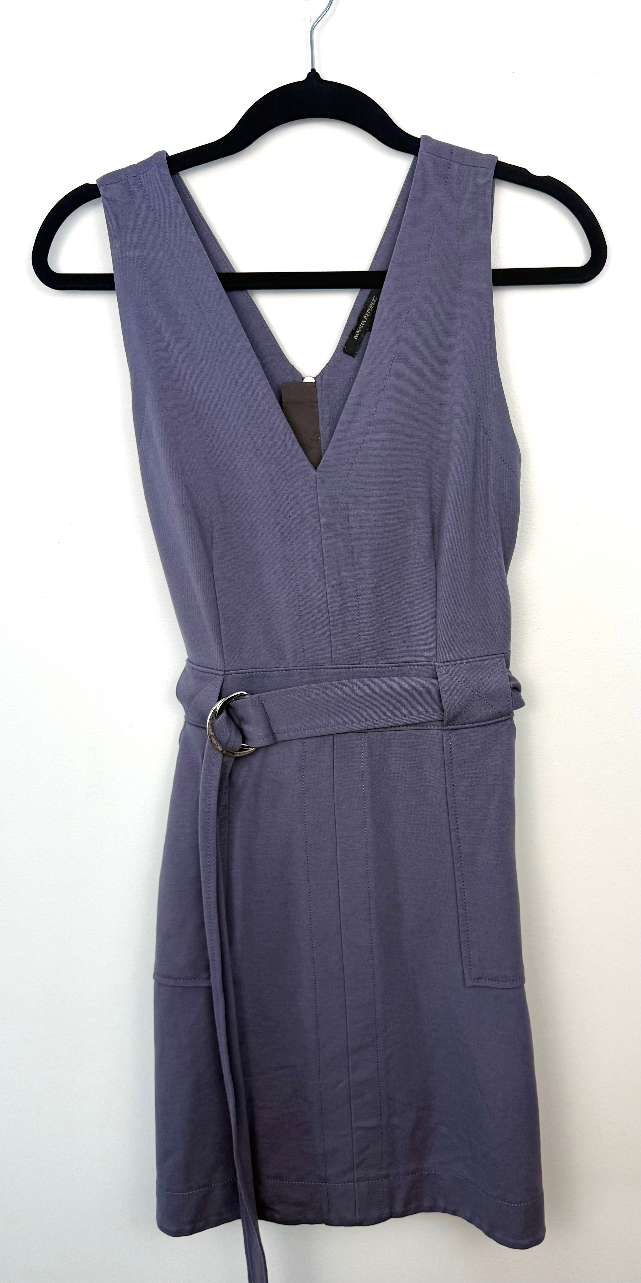 Banana Republic slate blue sleeveless belted dress size 8 front view with V neckline and metal ring belt detail
