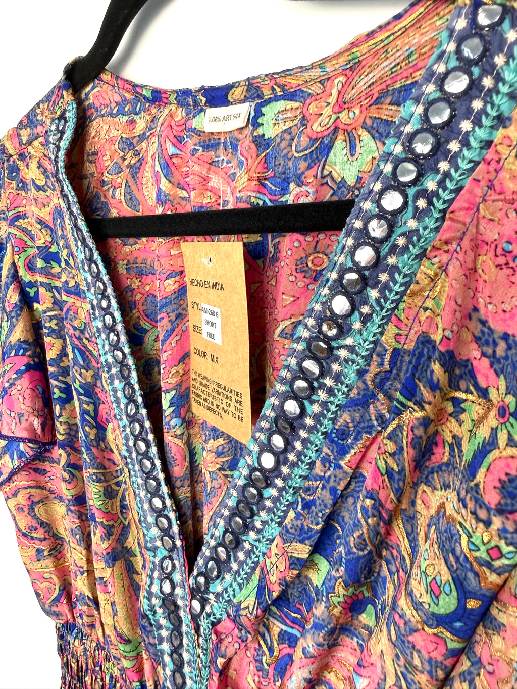 close up of Beaded embellishment on collar of 100% silk flutter sleeve Boho summer dress