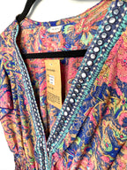 close up of Beaded embellishment on collar of 100% silk flutter sleeve Boho summer dress