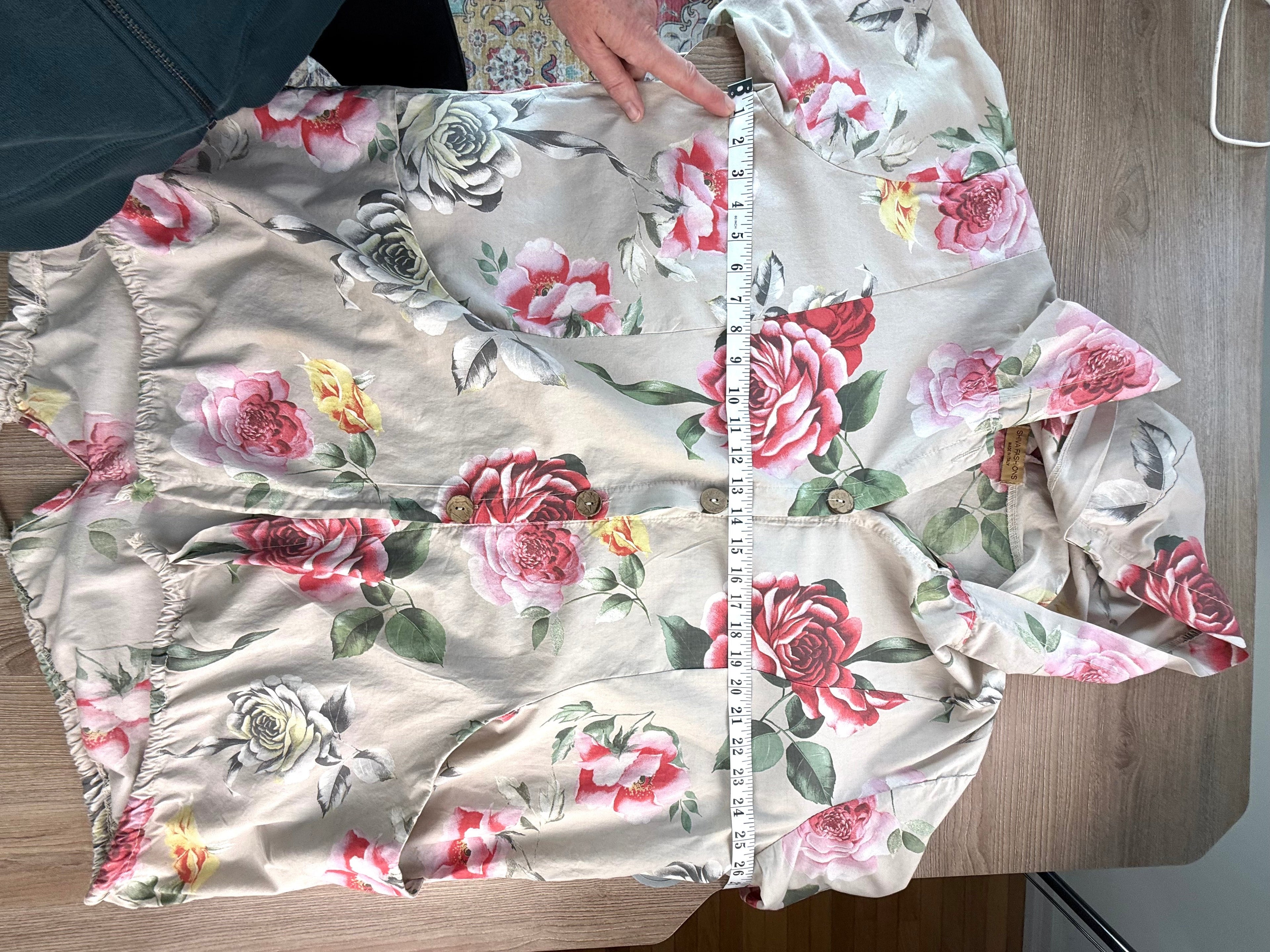 Beige floral jacket for women pink red rose print button front peplum top cottagecore romantic spring coat showing measurement of 48 inch bust