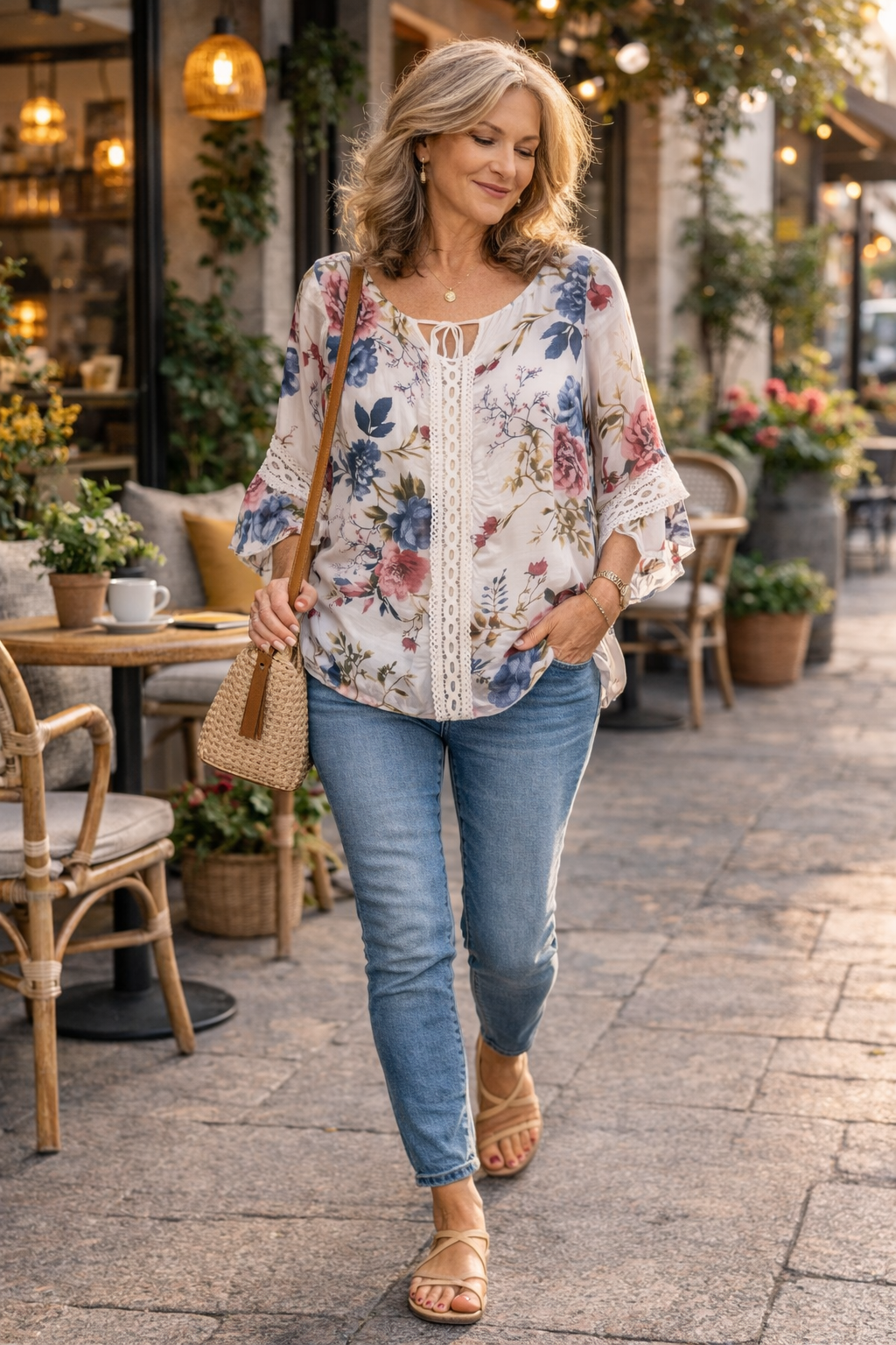 Bella Amore Sheer Blouse at Blue Sparrow Shop shown on a woman walking outdoors