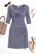 Bench Ruched Dress | Size L at Blue Sparrow Shop  flatlay with bag, shoes 