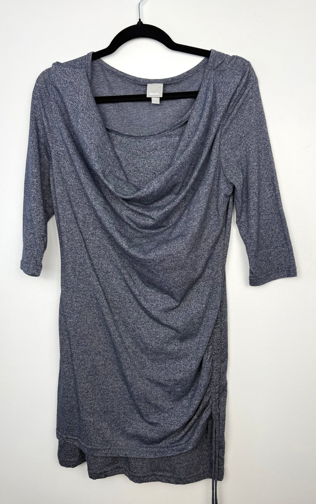 Bench Ruched Dress with Cowell Neck in Denim Blue on hanger
