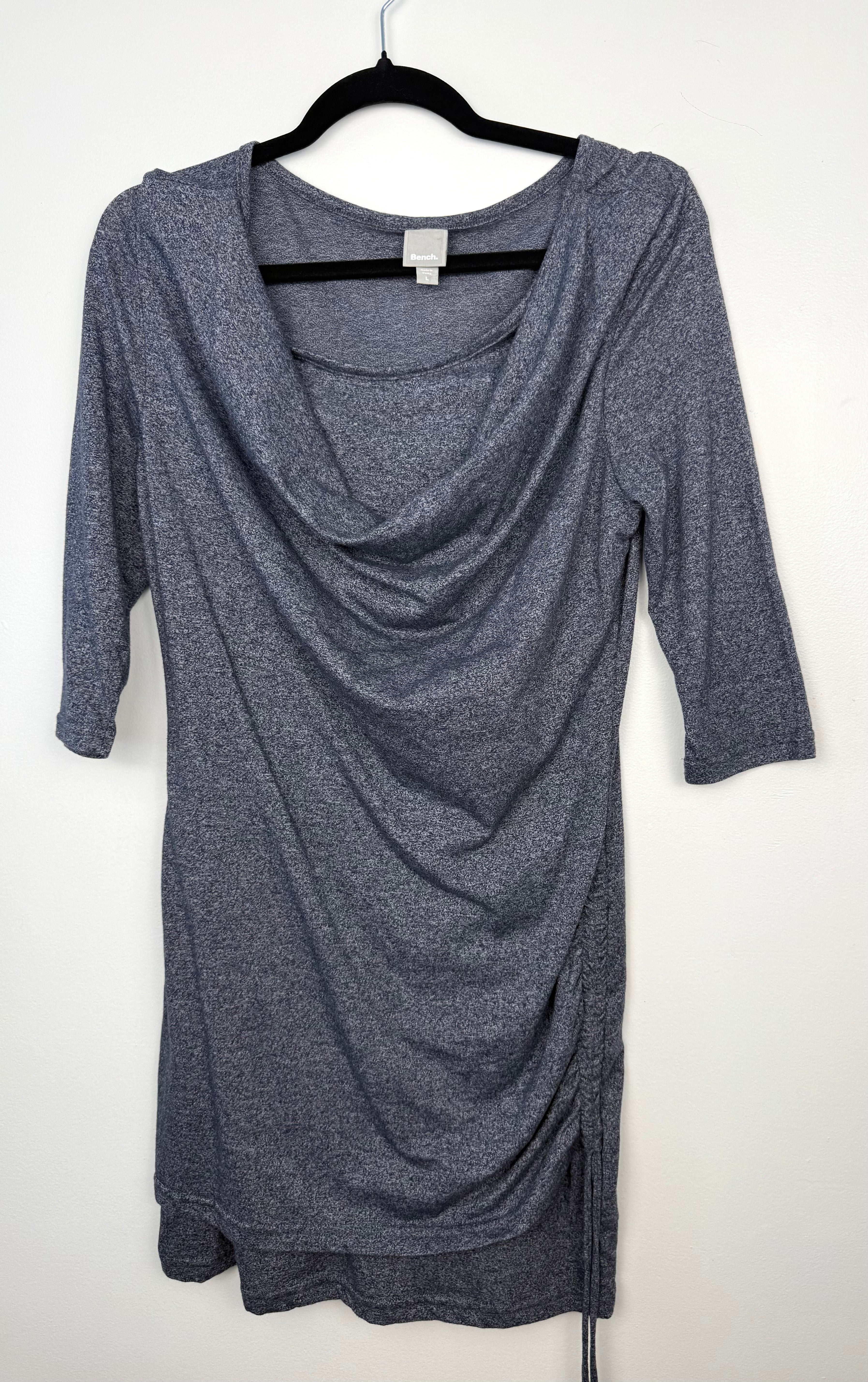 Bench Ruched Dress with Cowell Neck in Denim Blue on hanger