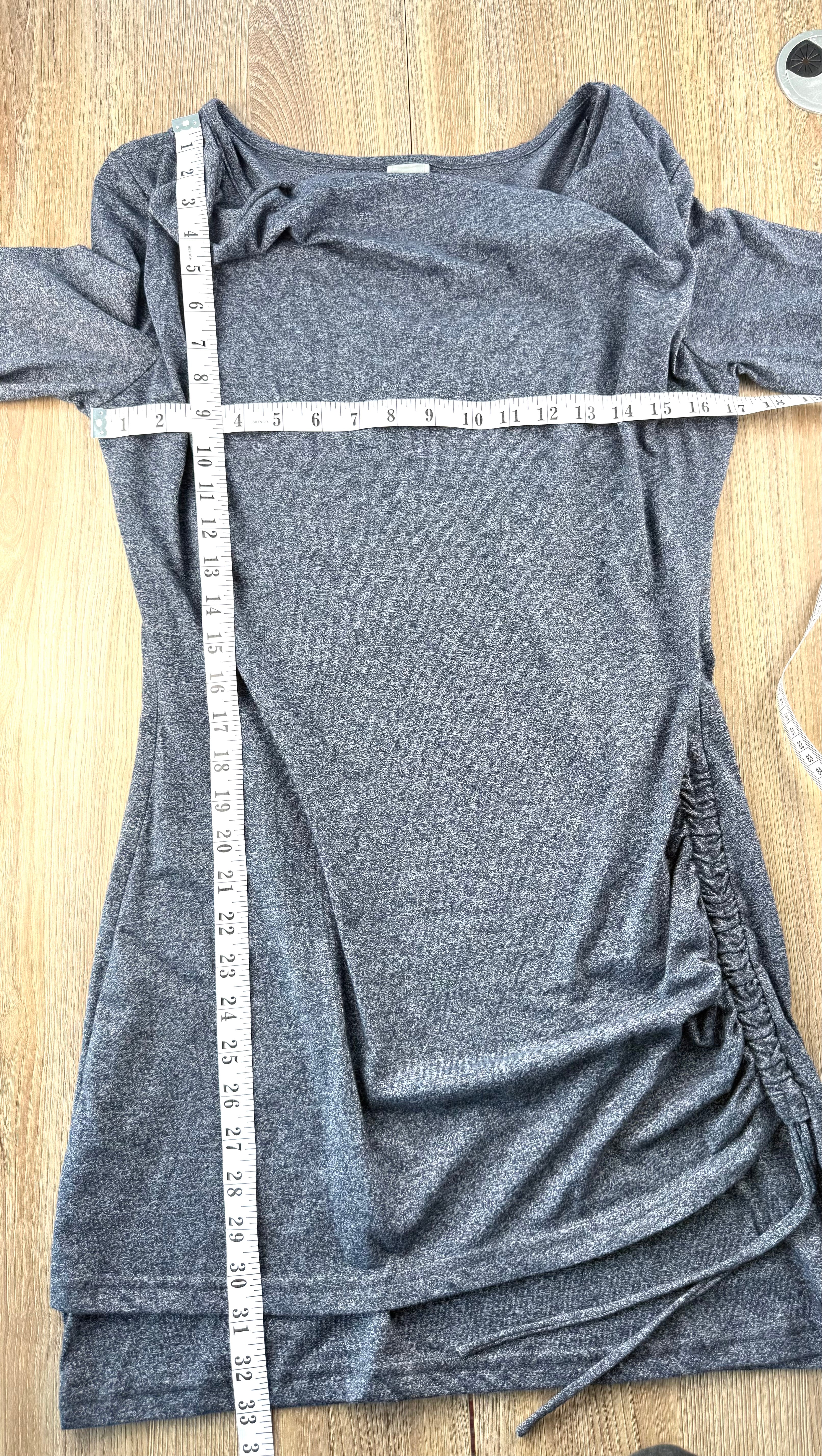 Bench Ruched Dress with Cowell Neck in Denim Blue measuring 34" bust and 33" shoulder to hem 