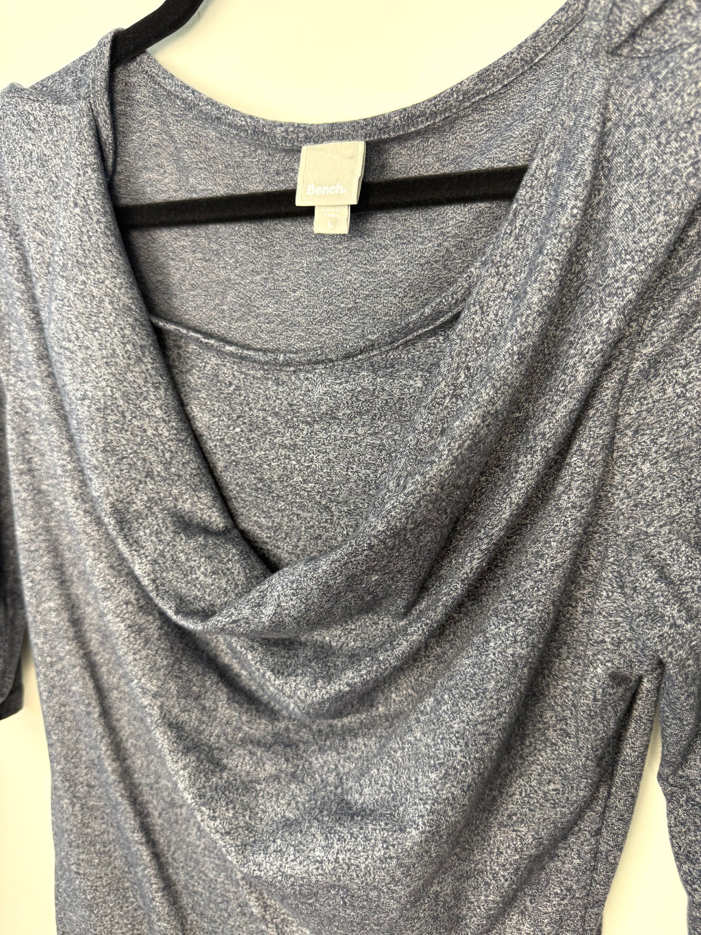 Bench Ruched Dress with Cowell Neck in Denim Blue showing neckline detail 