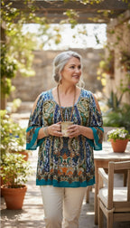 Bila Paisley Boho Blouse | Size M at Blue Sparrow Shop on woman outdoors drinking coffee