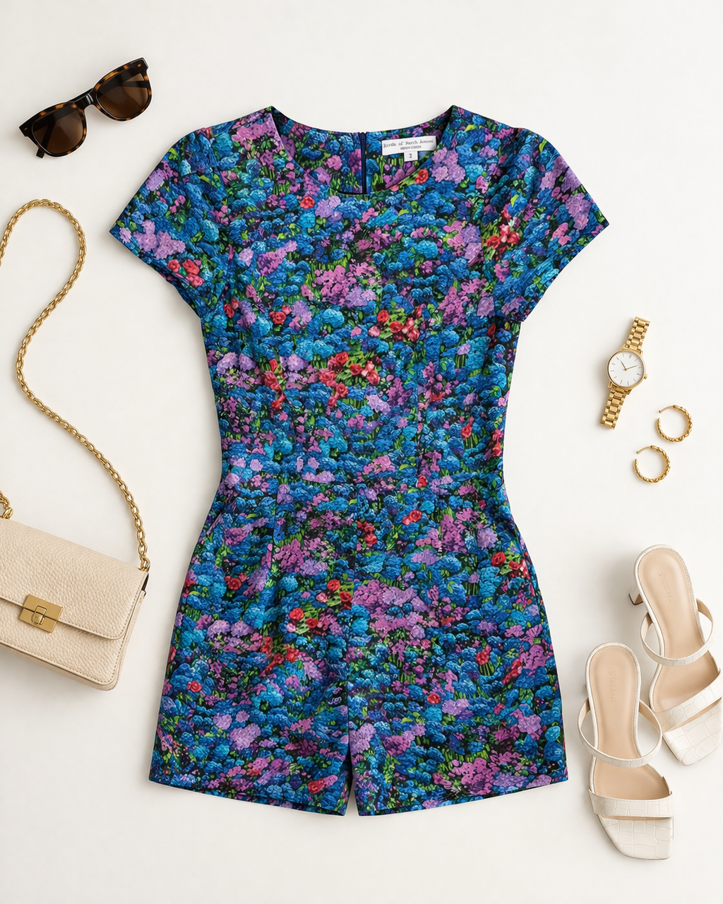 Birds of North America Floral Romper | Made in Canada | Size 2 at Blue Sparrow Shop  on flatlay with shoes, purse, sunglasses, jewelry