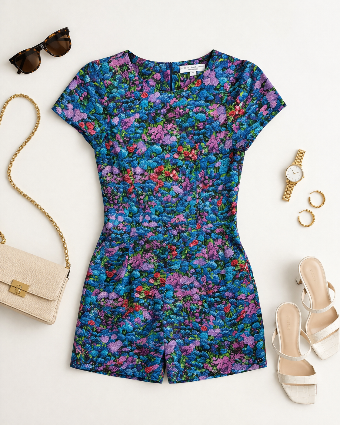 Birds of North America Floral Romper | Made in Canada | Size 2 at Blue Sparrow Shop  on flatlay with shoes, purse, sunglasses, jewelry
