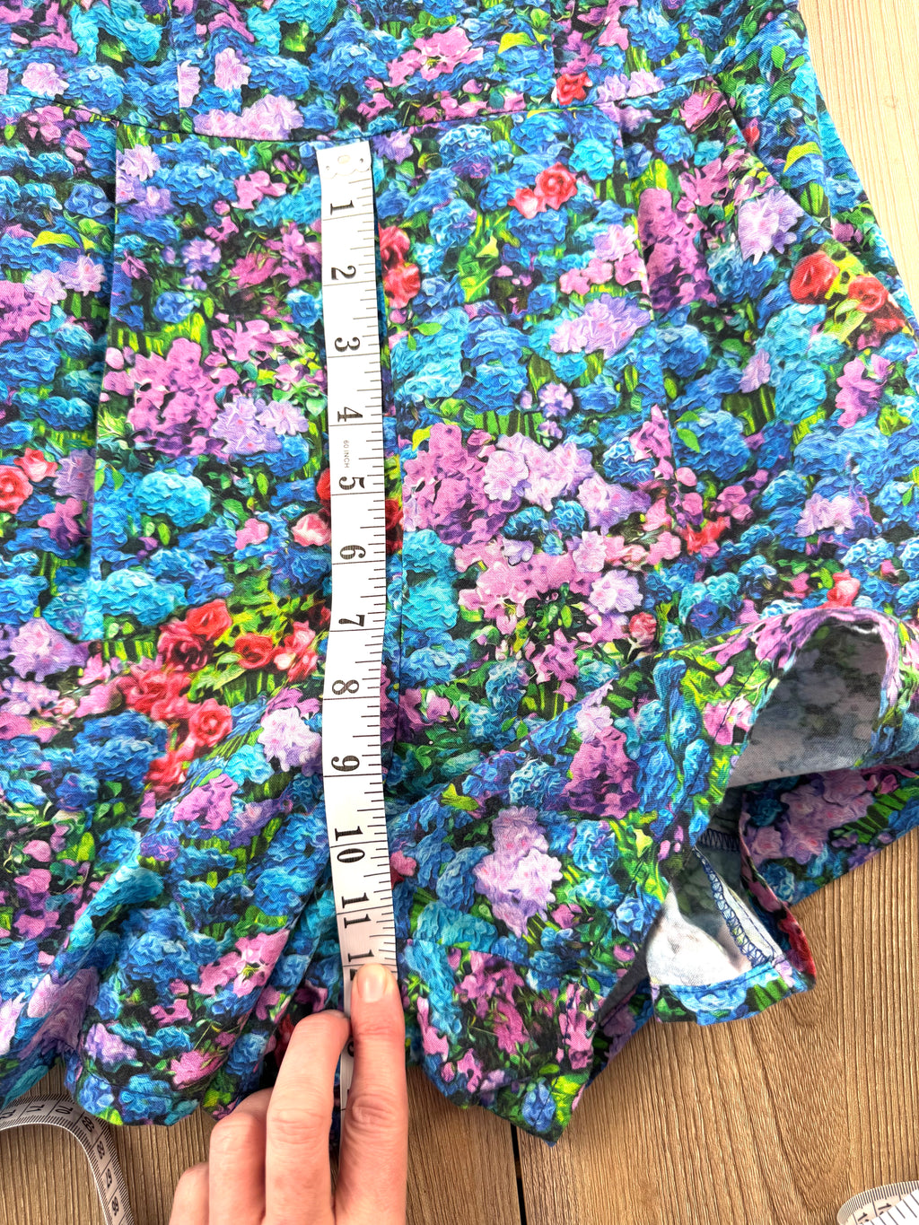 Birds of North America floral romper with impressionist hydrangea print measuring 12" from waist to crotch