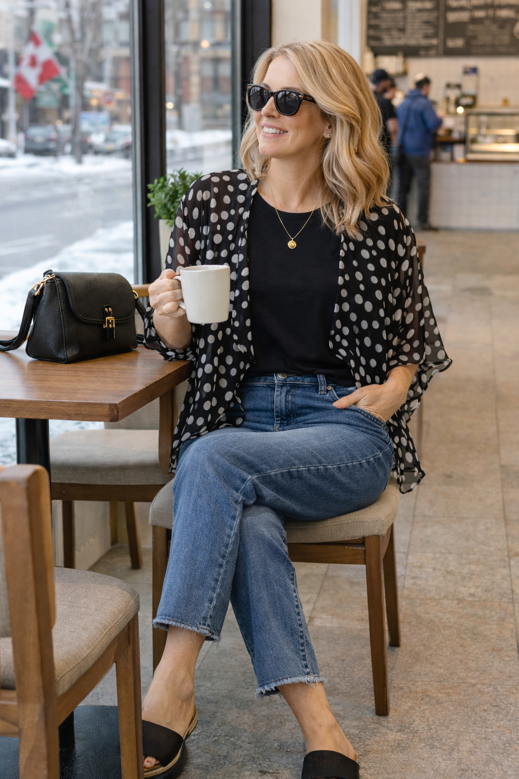 Black Chiffon Cropped Bolero at Blue Sparrow Shop on woman having coffee in cafe