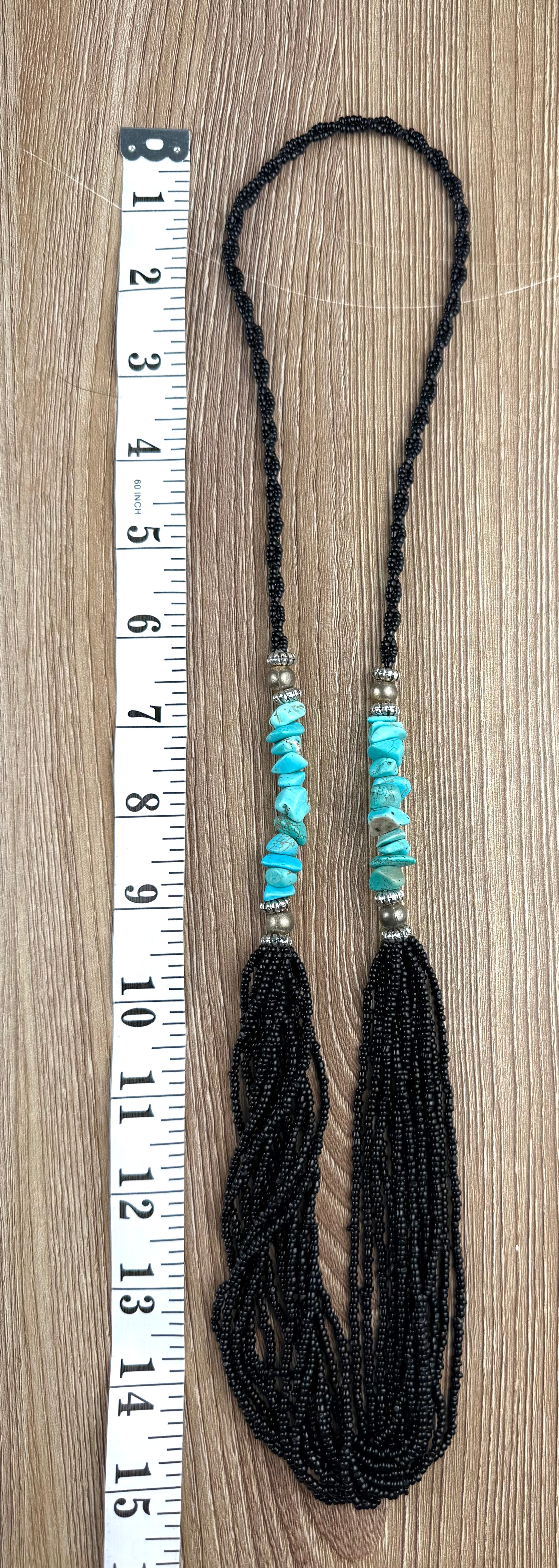 Black Seed Bead & Turquoise Stone Tassel Necklace approx 30" 