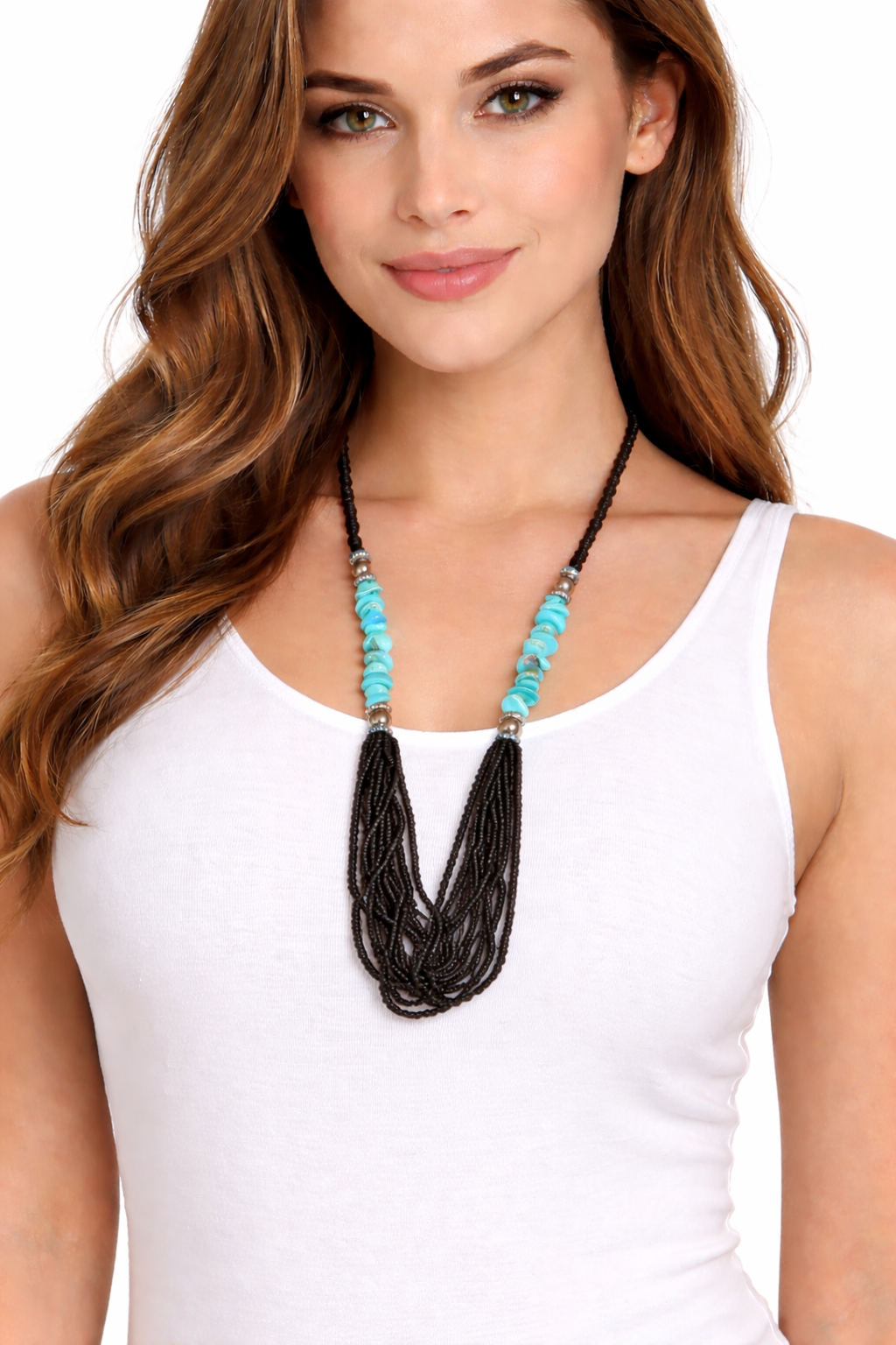 Black Seed Bead & Turquoise Stone Tassel Necklace at Blue Sparrow Shop