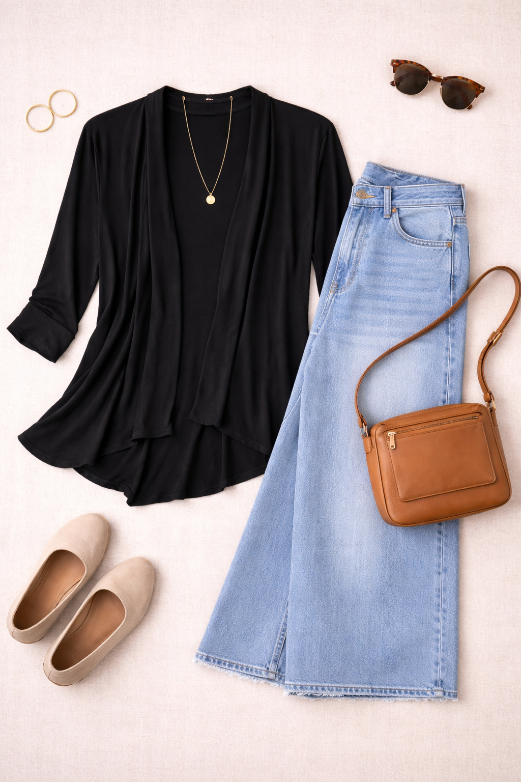 Black Sympli Waterfall Cardigan / Jacket  Made in Canada available at Blue Sparrow shown in a lifestyle photo with jeans, purse, sunglasses, shoes, earrings
