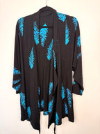 Black & Turquoise Feather Print One-Size Wrap Kimono Jacket on hanger