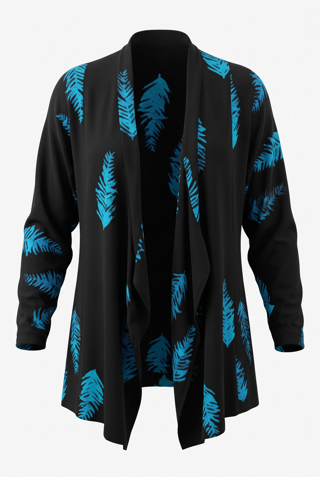 Black & Turquoise Feather Print One-Size Wrap Kimono Jacket on white background