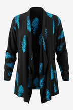 Black & Turquoise Feather Print One-Size Wrap Kimono Jacket on white background