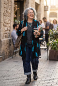 Black & Turquoise Feather Print One-Size Wrap Kimono Jacket on woman walking outside having fun