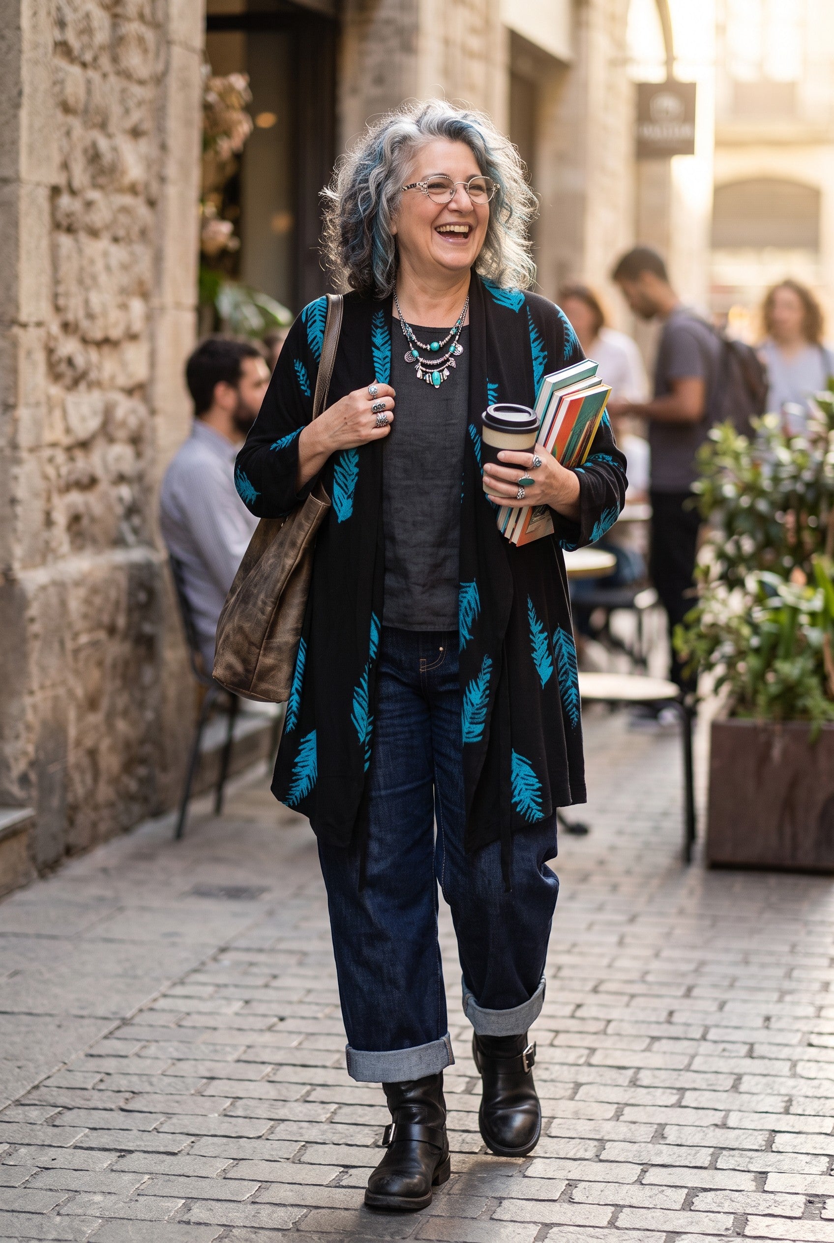 Black & Turquoise Feather Print One-Size Wrap Kimono Jacket on woman walking outside having fun