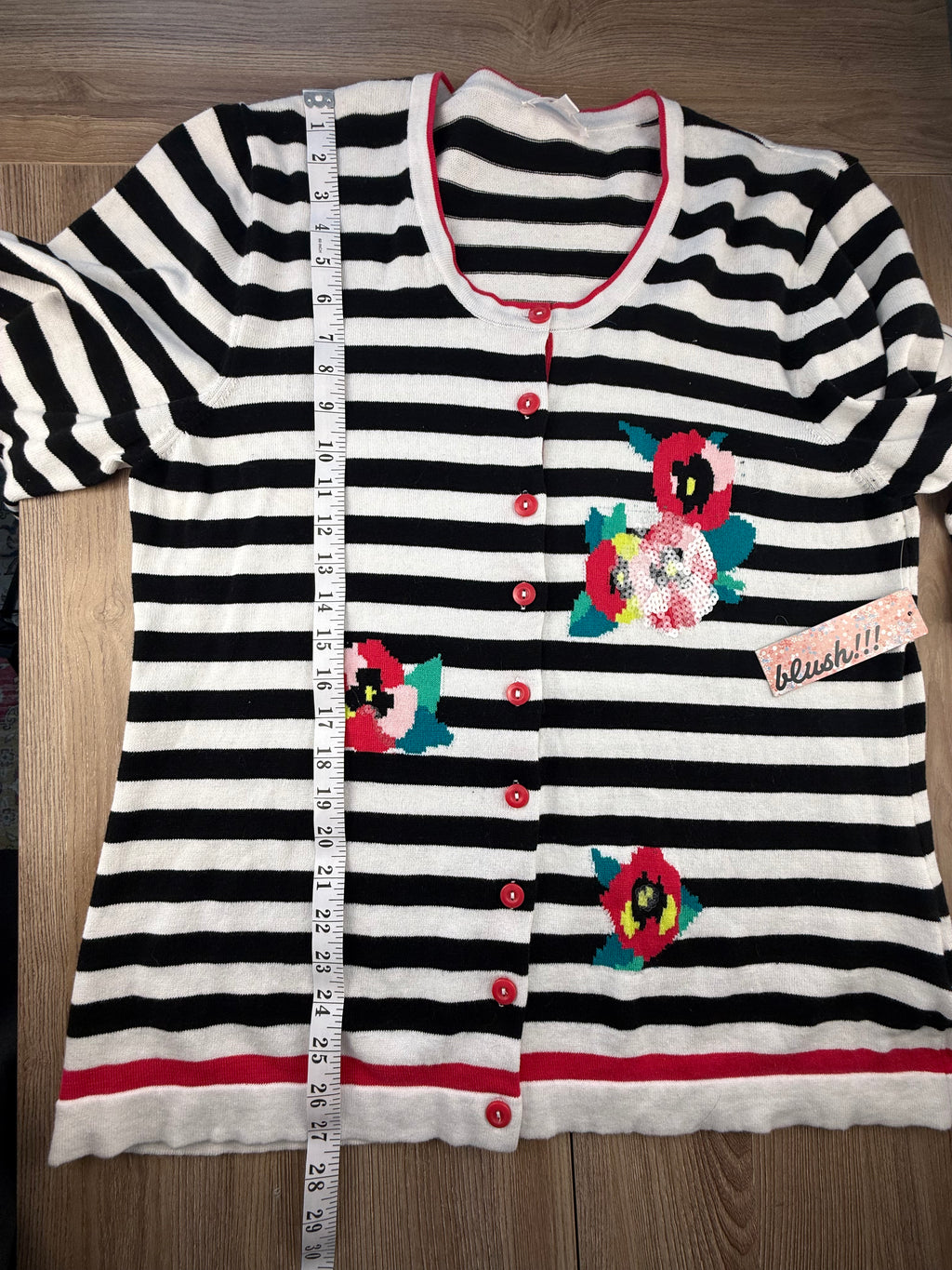 Black and White Striped Floral Cardigan measuring 27" shoulder to hem 