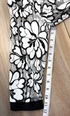 Black and white floral lace open front cardigan, lightweight sheer lace jacket with cropped silhouette and 3/4 sleeves measuring 12" sleeve 