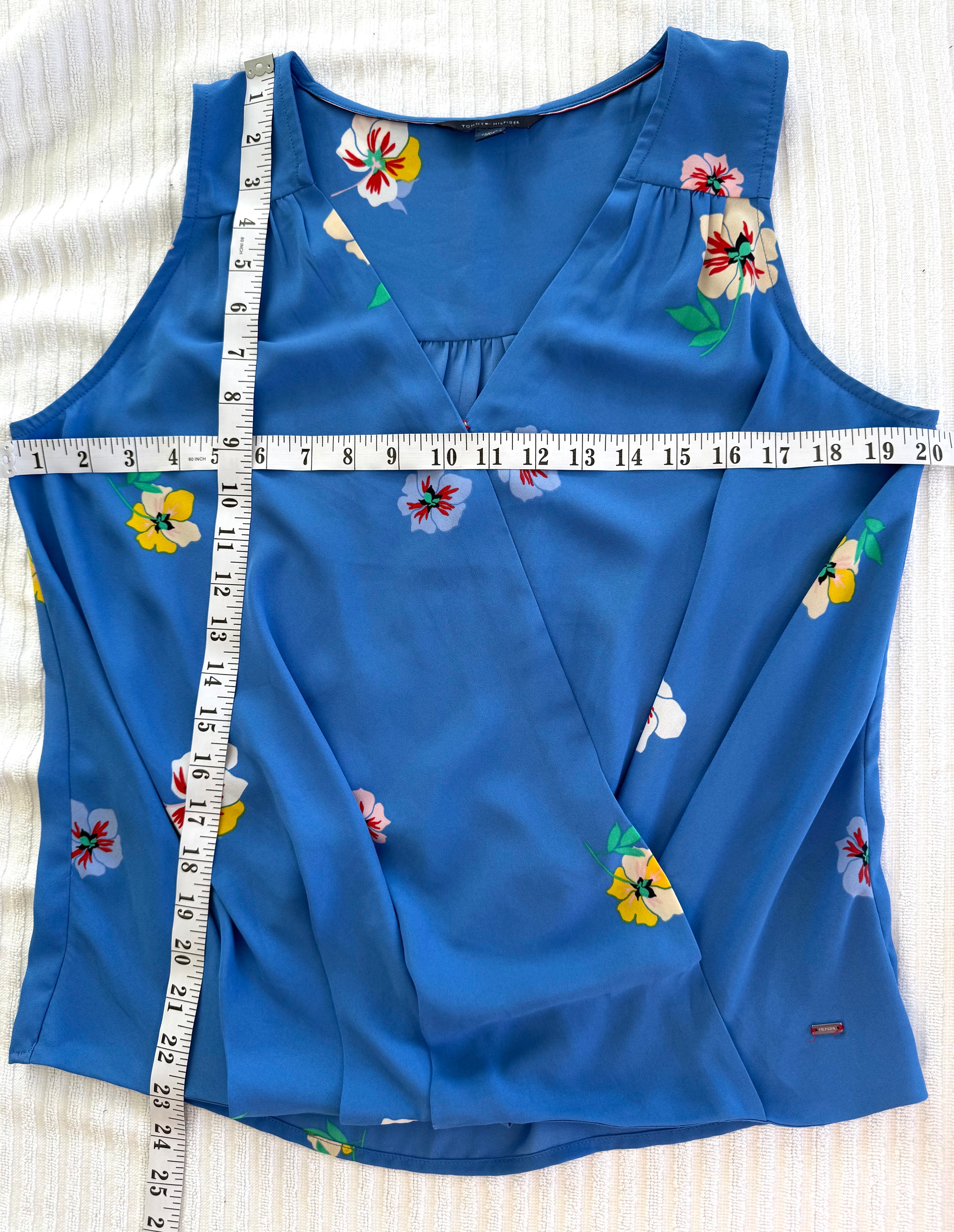 Blue Floral Faux Wrap Tank | Tommy Hilfiger Sleeveless Blouse | Size M at Blue Sparrow Shop measuring 40" bust and 23" shoulder to hem 