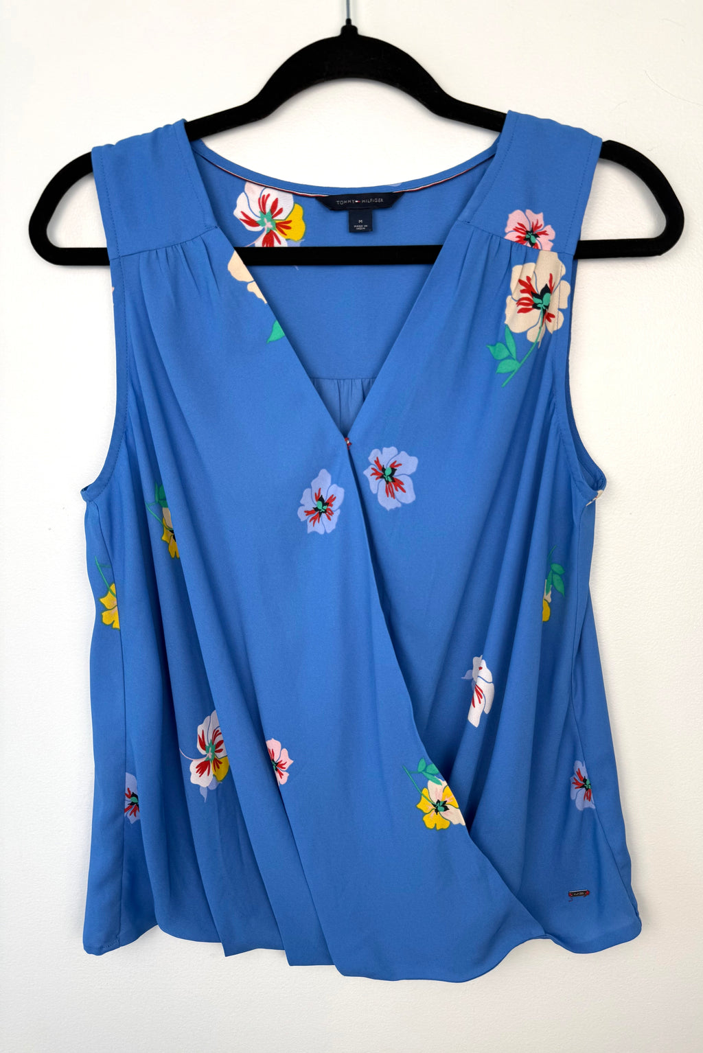 Blue Floral Faux Wrap Tank | Tommy Hilfiger Sleeveless Blouse | Size M at Blue Sparrow Shop on hanger