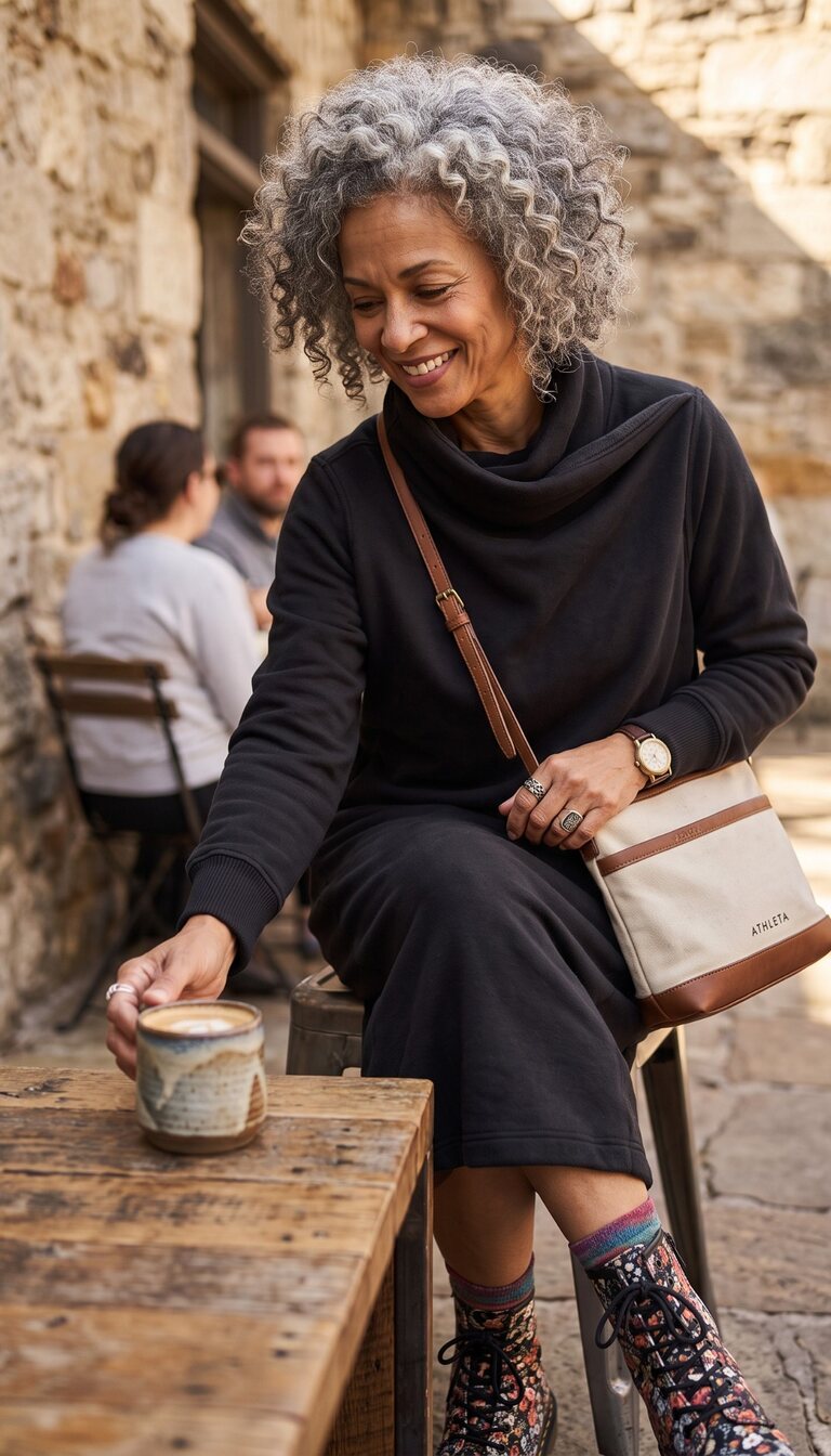 Blue Sparrow Athleta Alpine Dress in Black Resale  on ai model with grey curly hair drinking coffee outside