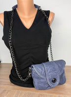 Blue Vegan Leather Mini Chain Crossbody Bag  on mannequin for scale