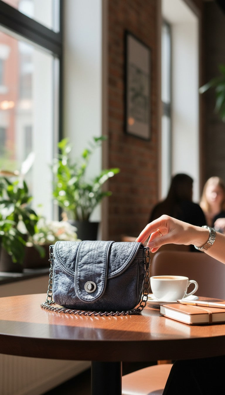 Blue Vegan Leather Mini Chain Crossbody Bag lifestyle photo on table with hand and coffee