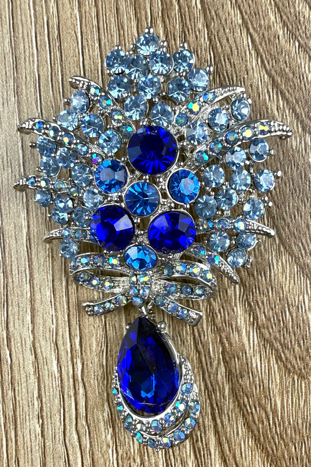 Blue Vintage Style Crystal Floral Brooch