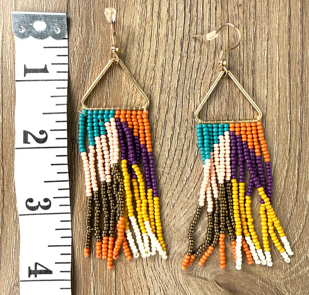 Boho Beaded Fringe Earrings measuring 4" long 