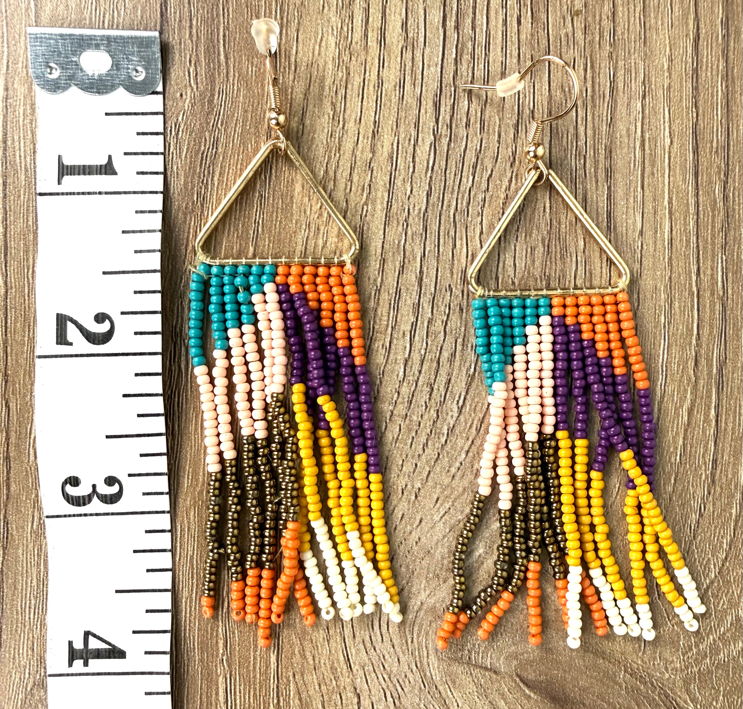 Boho Beaded Fringe Earrings measuring 4" long 