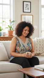 Boho Crochet Neckline Top | Size L at Blue Sparrow Shop on woman sitting on couch with coffee cup 