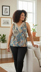 Boho Crochet Neckline Top | Size L at Blue Sparrow Shop on woman standing by couch 