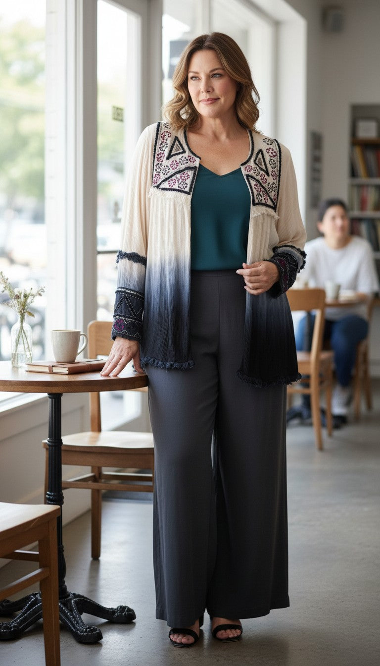 Boho Embroidered Beaded Kimono | Size L with grey dress pants on woman leaning on table 