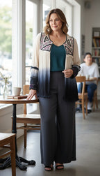 Boho Embroidered Beaded Kimono | Size L with grey dress pants on woman leaning on table 
